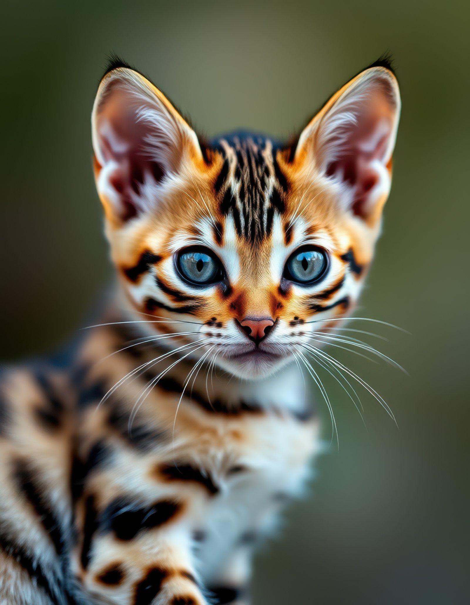 Close-up view of a playful bengal kitten with striking patterns in natural light